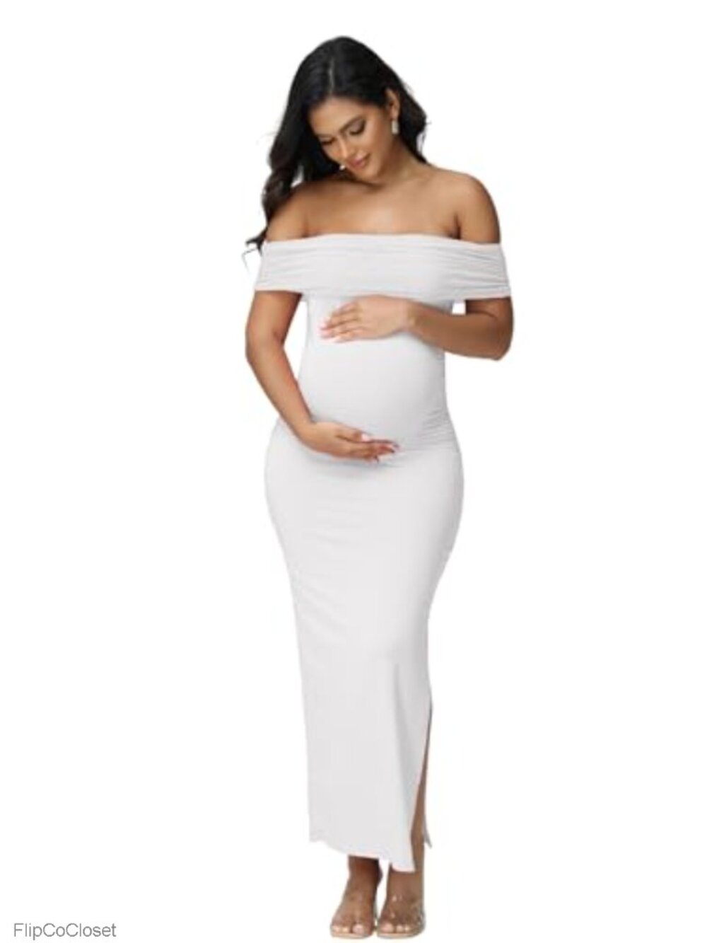 Maternity Off Shoulder Mesh Party Dress, 95% Polyester 5% Elastane, Baby Shower